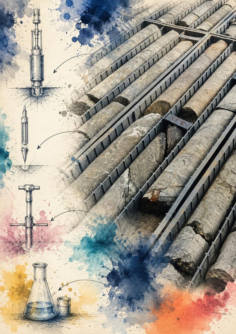 Caixas de testemunho de sondagem com amostras de solo, ao lado de desenhos técnicos de amostradores e vidraria de laboratório, em aquarela.