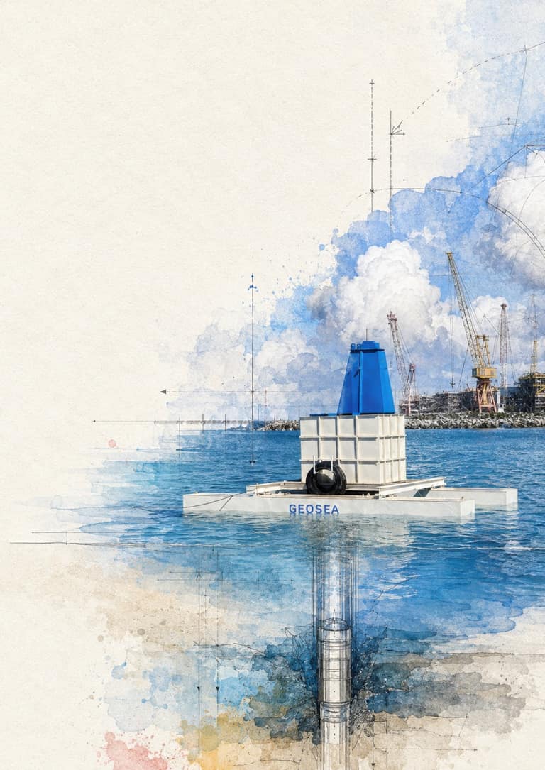Ilustração em aquarela do pontão GEOSEA sobre o mar, com traço técnico mostrando a haste de sondagem penetrando as camadas do subsolo.