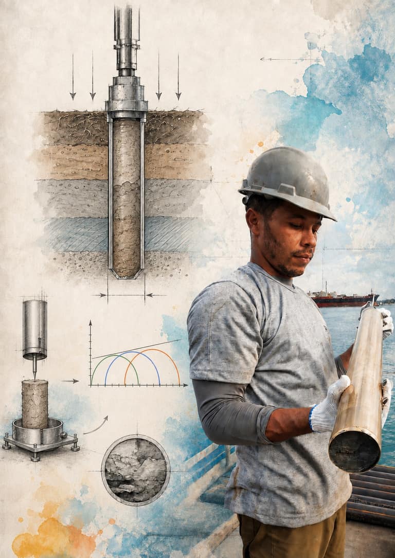 Field technician wearing a hard hat and holding a soil sampling tube, with technical compression-test drawings in the background, by the sea.
