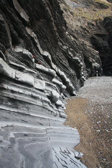 Close-up of layered coastal rock strata.